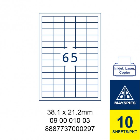 MAYSPIES 09 00 010 03 LABEL FOR INKJET / LASER / COPIER 10 SHEETS/PKT WHITE 38.1 X 21.2MM